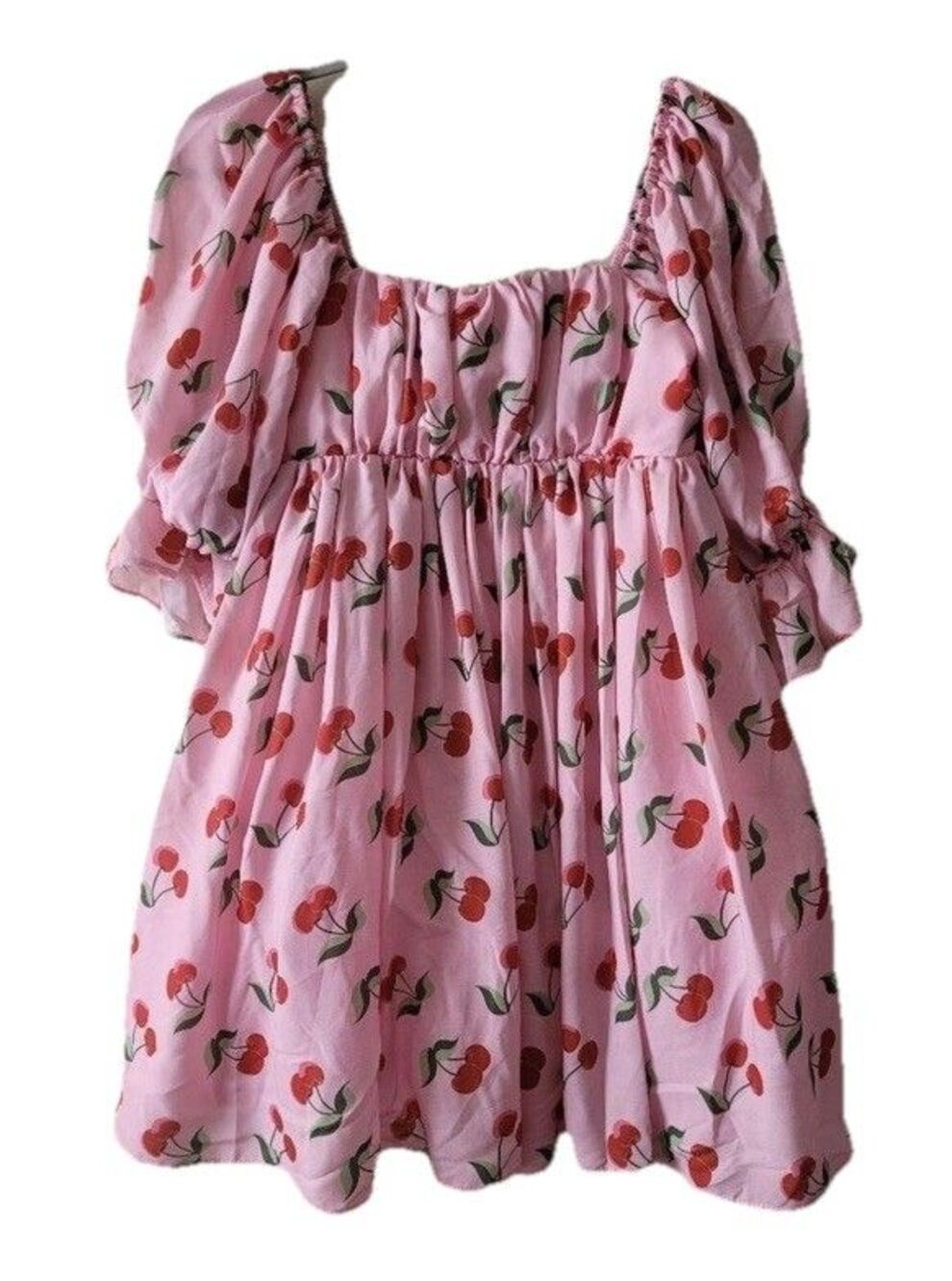 Smak Parlour Dress sz 3X pink cherry print off shoulder tulle flare mod quirky - Picture 2 of 9